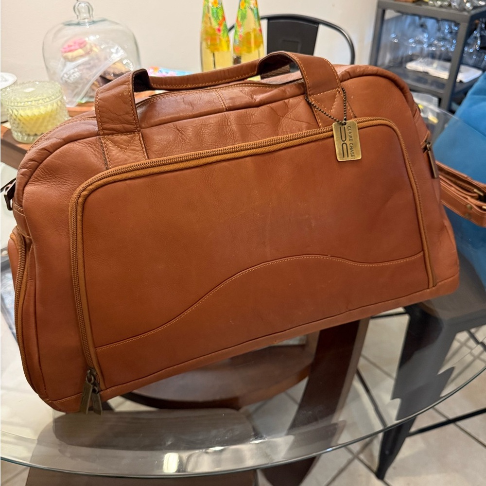 Claire Chase Brown Leather Duffel Bag with Structured Design